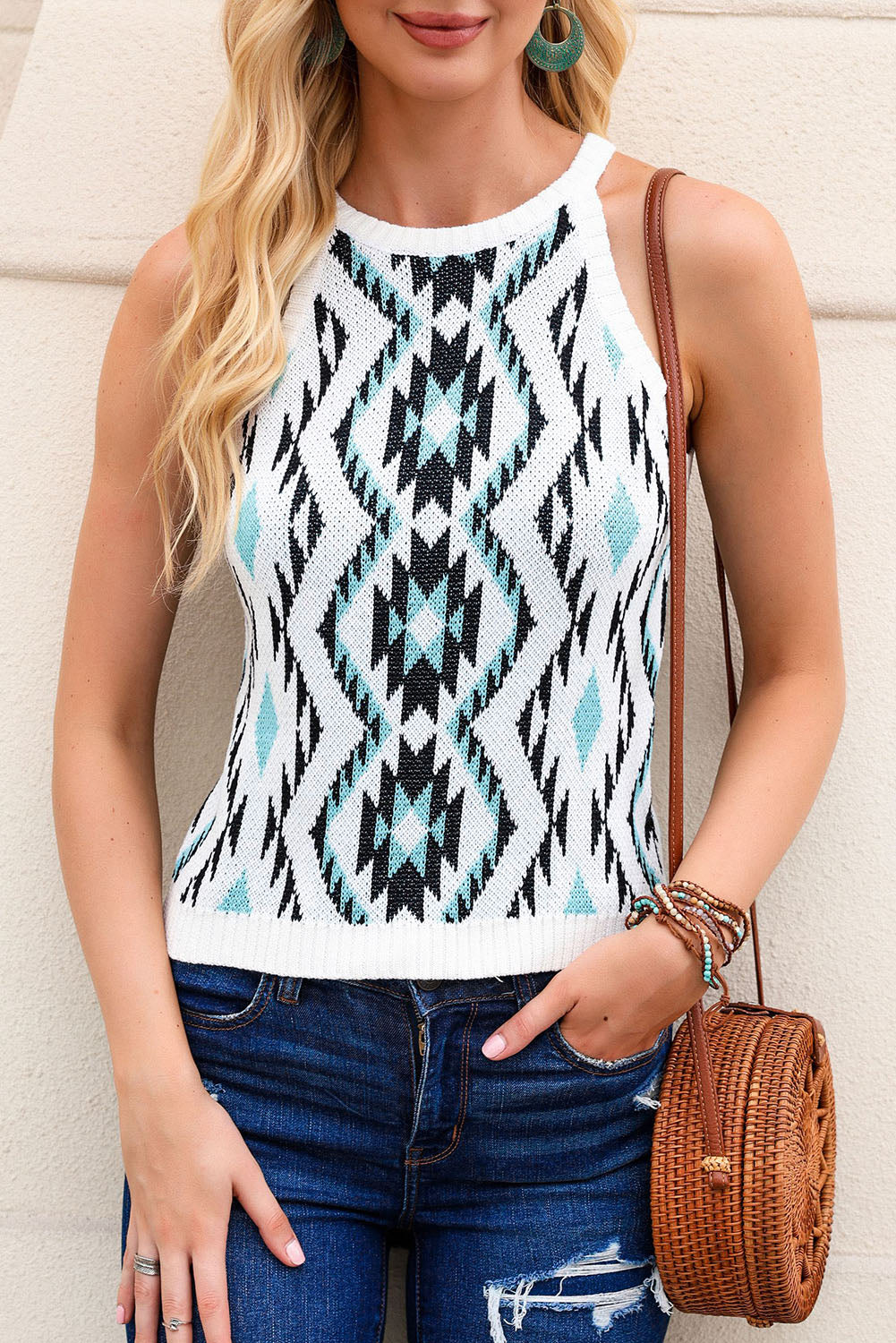 Aztec Geometric Print Knitted Tank Top