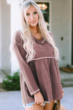 Waffle Knit V Neck Long Sleeve Babydoll Top