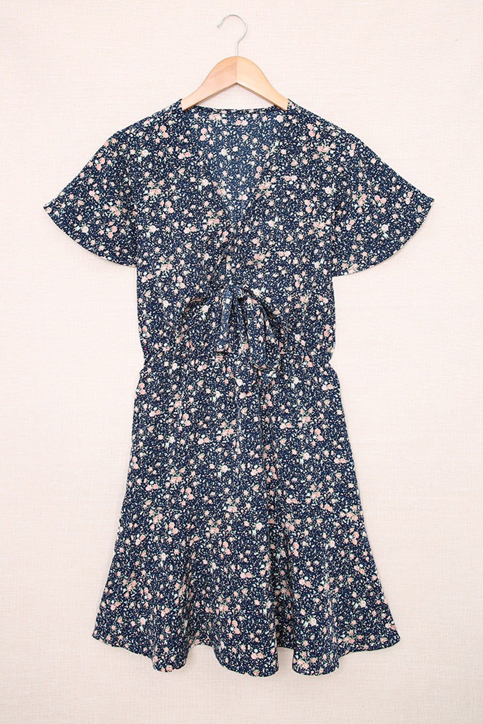 Floral Print Tie Knot Ruffled Short Sleeve Mini Dress