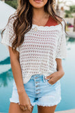 Scalloped Neckline Open Knit Short Sleeve Sweater