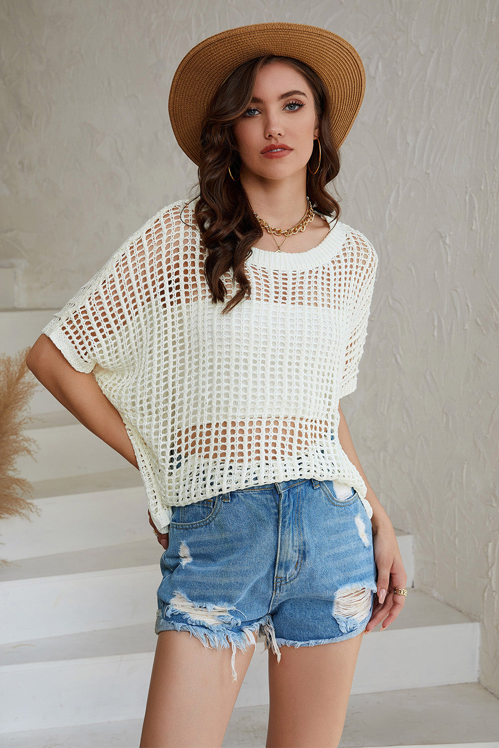 Fishnet Knit Ribbed Round Neck Short Sleeve Sweater Tee