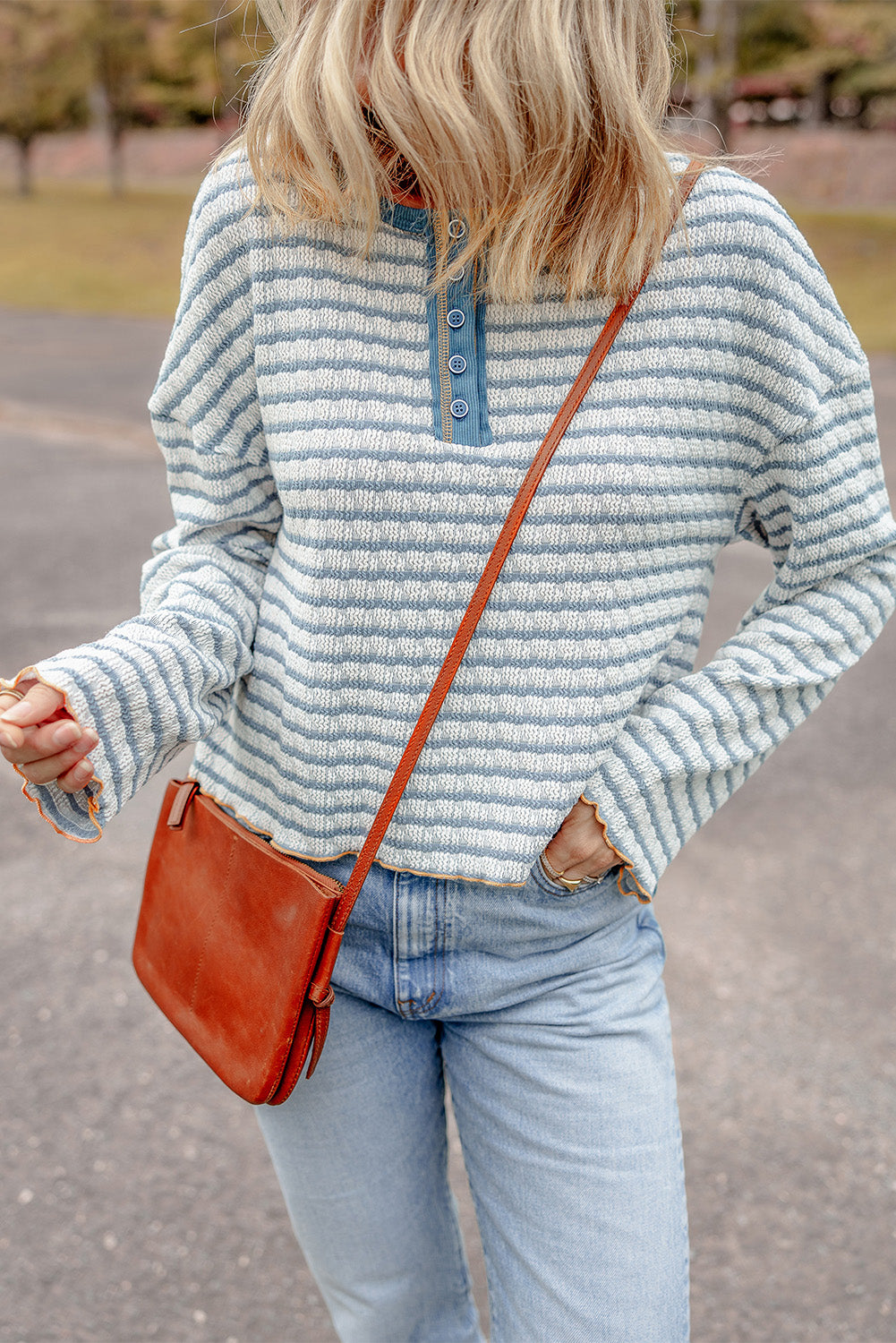 Green Stripe Textured Frilly Trim Buttons Henley Long Sleeve Top