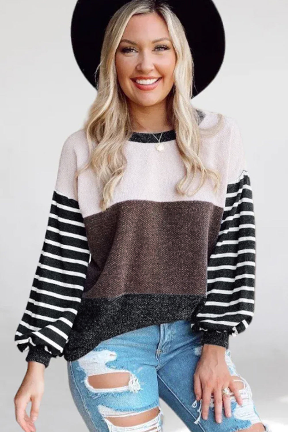 Contrast Striped Sleeve Color Block Pullover