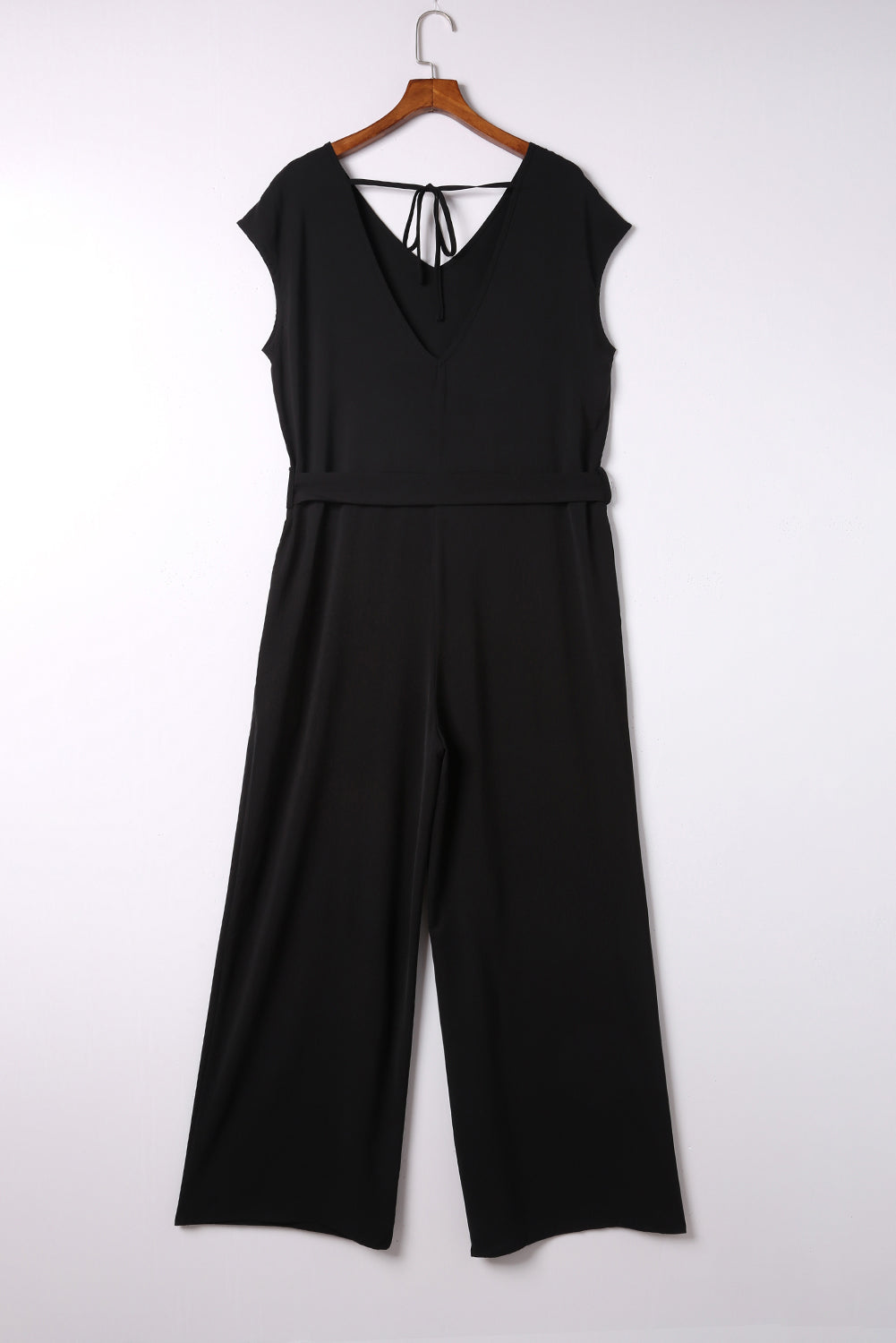 Sleeveless V Neck Belted Wide Leg Jumpsuit