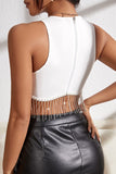 Rhinestone Fringe Zip Back Round Neck Cropped Tank Top