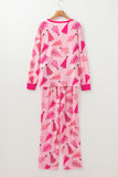 Pink Christmas Tree Print V Neck Buttoned Pullover and Drawstring Pants Lounge Set