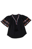 Tassel Drawstring Embroidered Half Sleeve V Neck Top