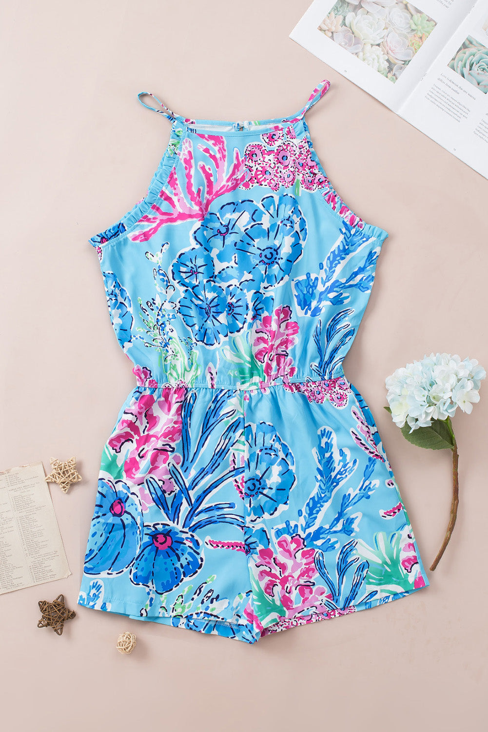 Floral Print Pocketed Frill Sleeveless Romper