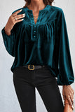 Gold Flame Lantern Sleeve Beaded Split V Neck Velvet Top