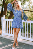 Sky Blue/Blue/Apricot V Neck Lantern Sleeves Floral Tunic Dress