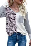 Leopard Patchwork Ribbed Color Block V Neck Top