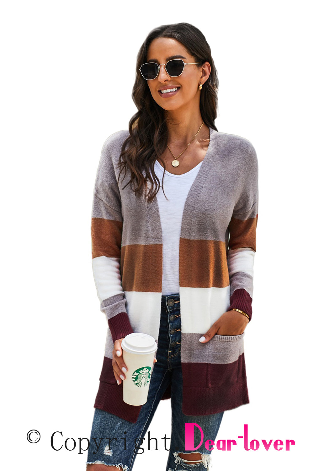 Open Front Colorblock Cardigan with Pockets