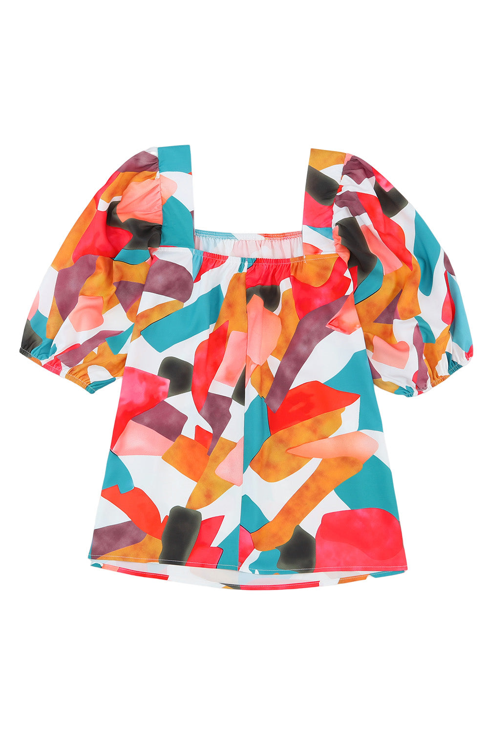 Square Neck Abstract Print Short Sleeve Blouse