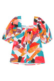 Square Neck Abstract Print Short Sleeve Blouse