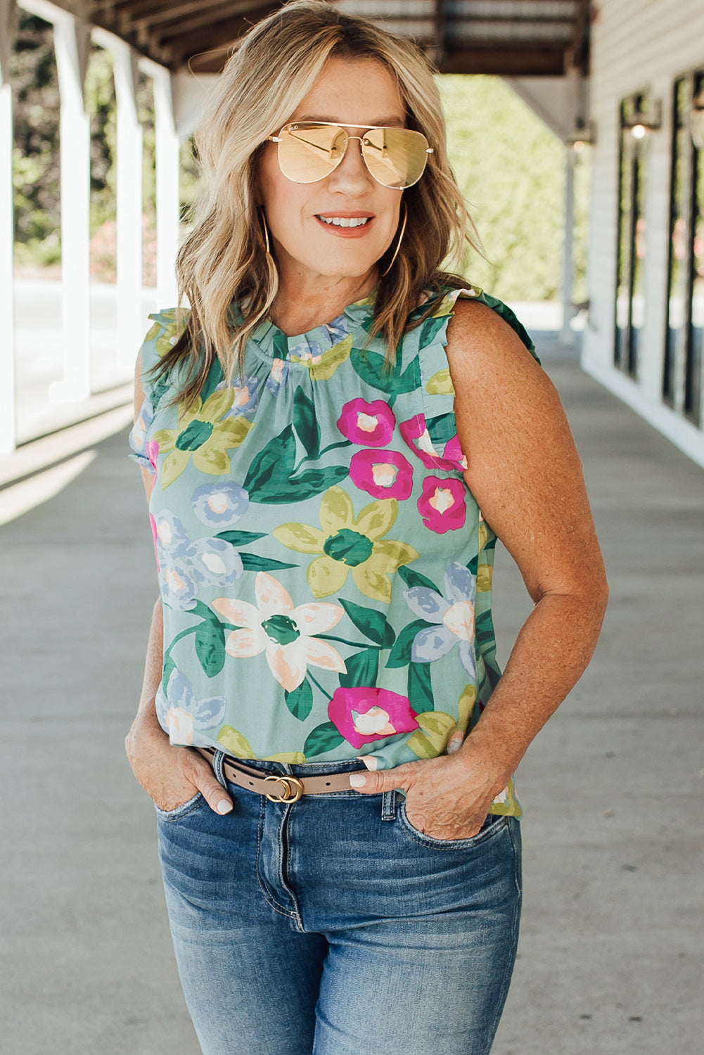 Floral Print Ruffle Trim Tank Top