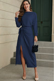 Satin Wrap Tie Side Boat Neck Long Sleeve Dress