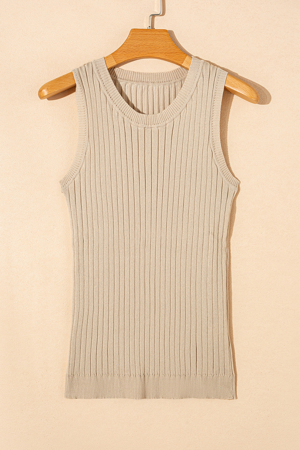 Apricot Ribbed Knit Crew Neck Tank Top