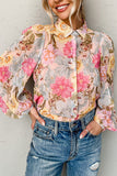 Pink Floral Print Tiered Ruffled Long Sleeve Blouse