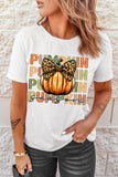 White PUMPKIN Season Leopard Bow Print Crew Neck T Shirt