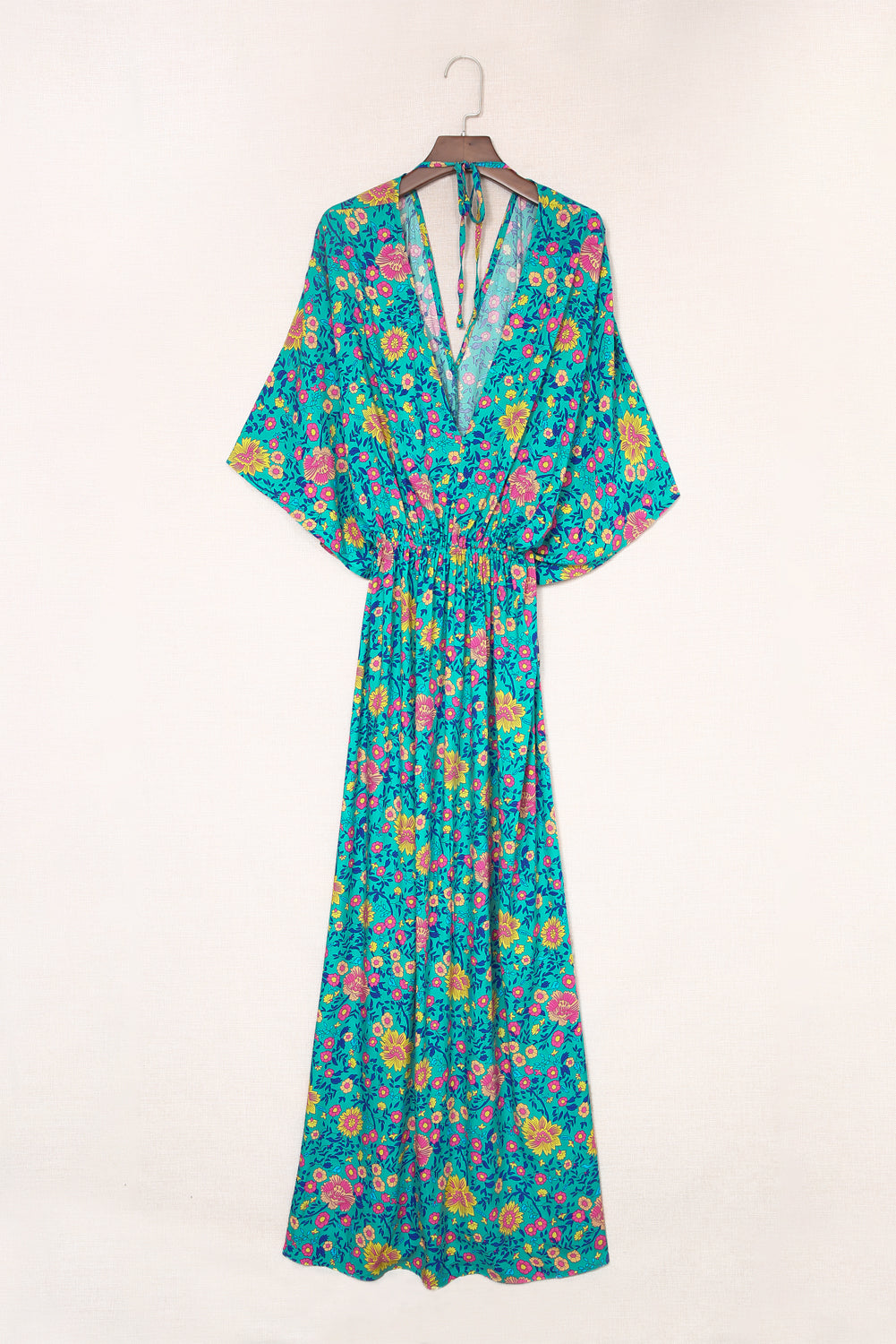 Robe longue florale style Boho vert à col en V profond