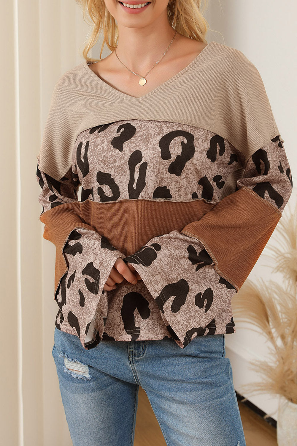 Leopard Colorblock Patchwork V-Neck Loose Sleeve Knit Top