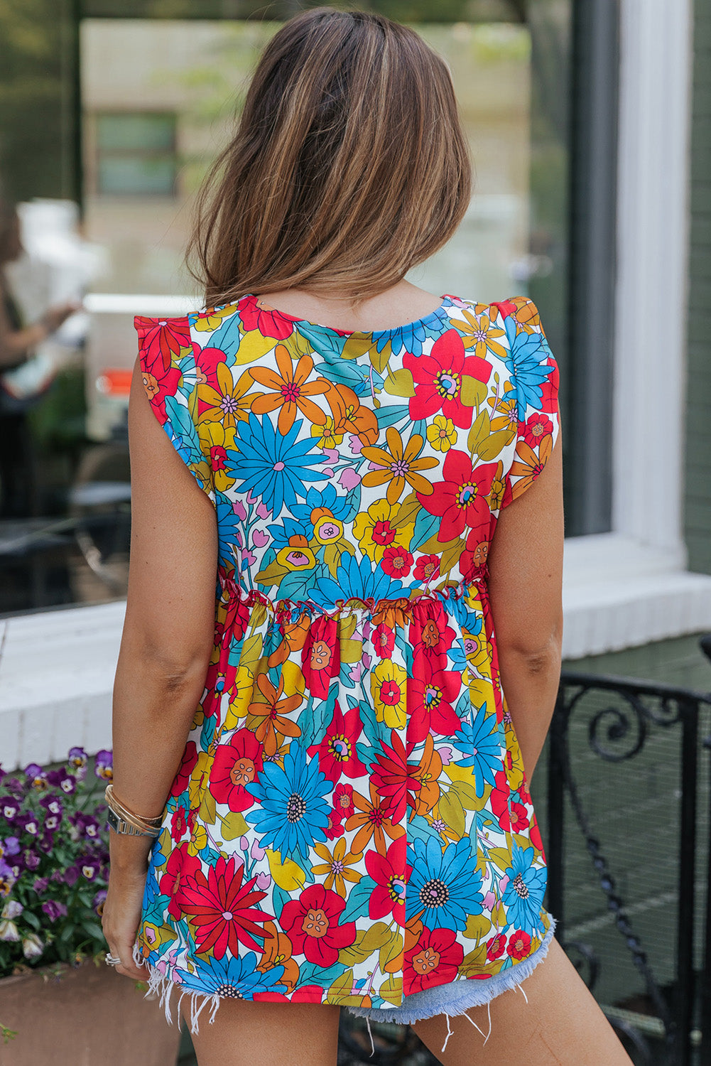 V Neck Ruffled Floral Babydoll Top