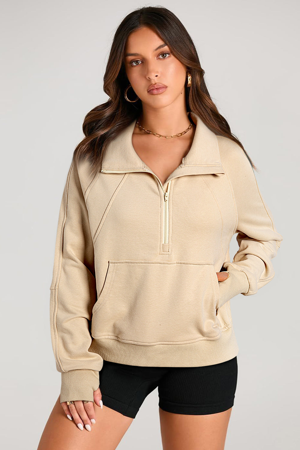 Brown Quarter Zip Stand Neck Kangaroo Pocket Sweatshirt