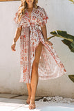 Boho Print Deep V Kimono Sleeves Beach Dress with Split