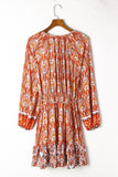 Western Pattern Print Lantern Sleeve Drawstring Mini Dress