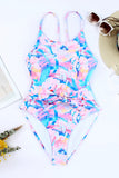 Floral Print Lace-up High Waist One-piece Swimsuit