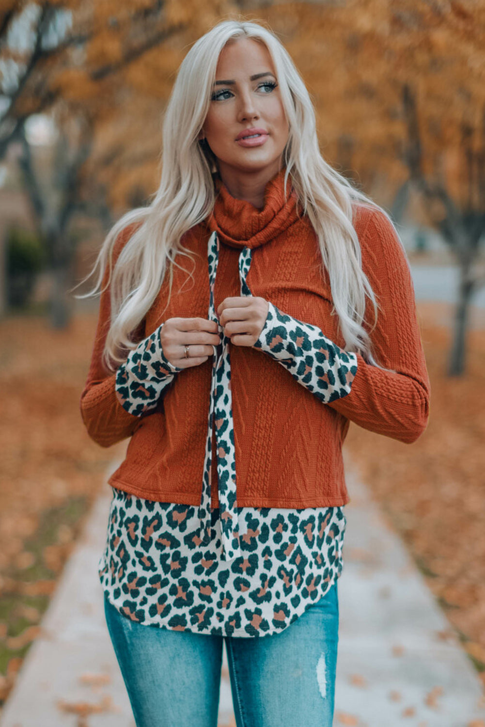 Leopard Patchwork Cowl Neck Knit Top