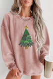 Pink Solid Ribbed Knit Round Neck Pullover Sweatshirt