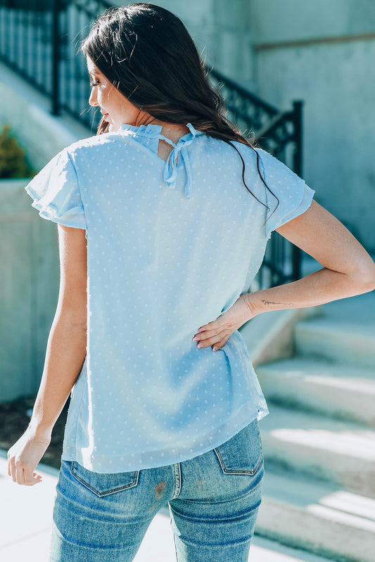 Blue Tiered Sleeve Frilled Neck Dotted Top