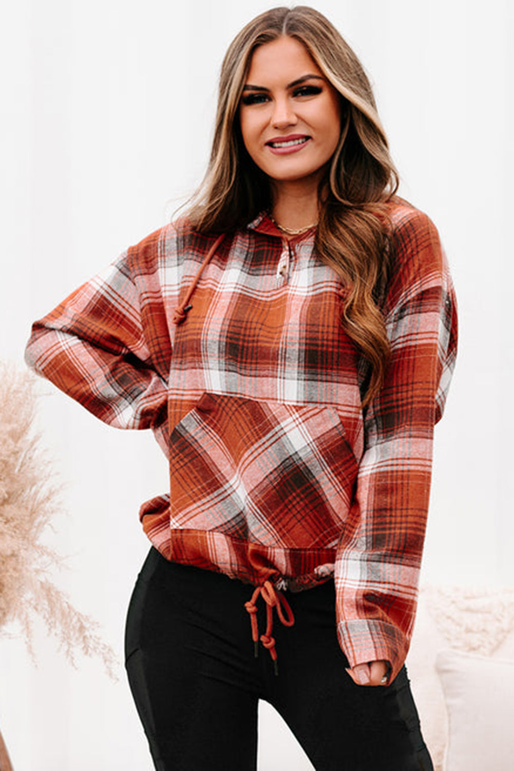 Plaid Print Pocketed Hoodie