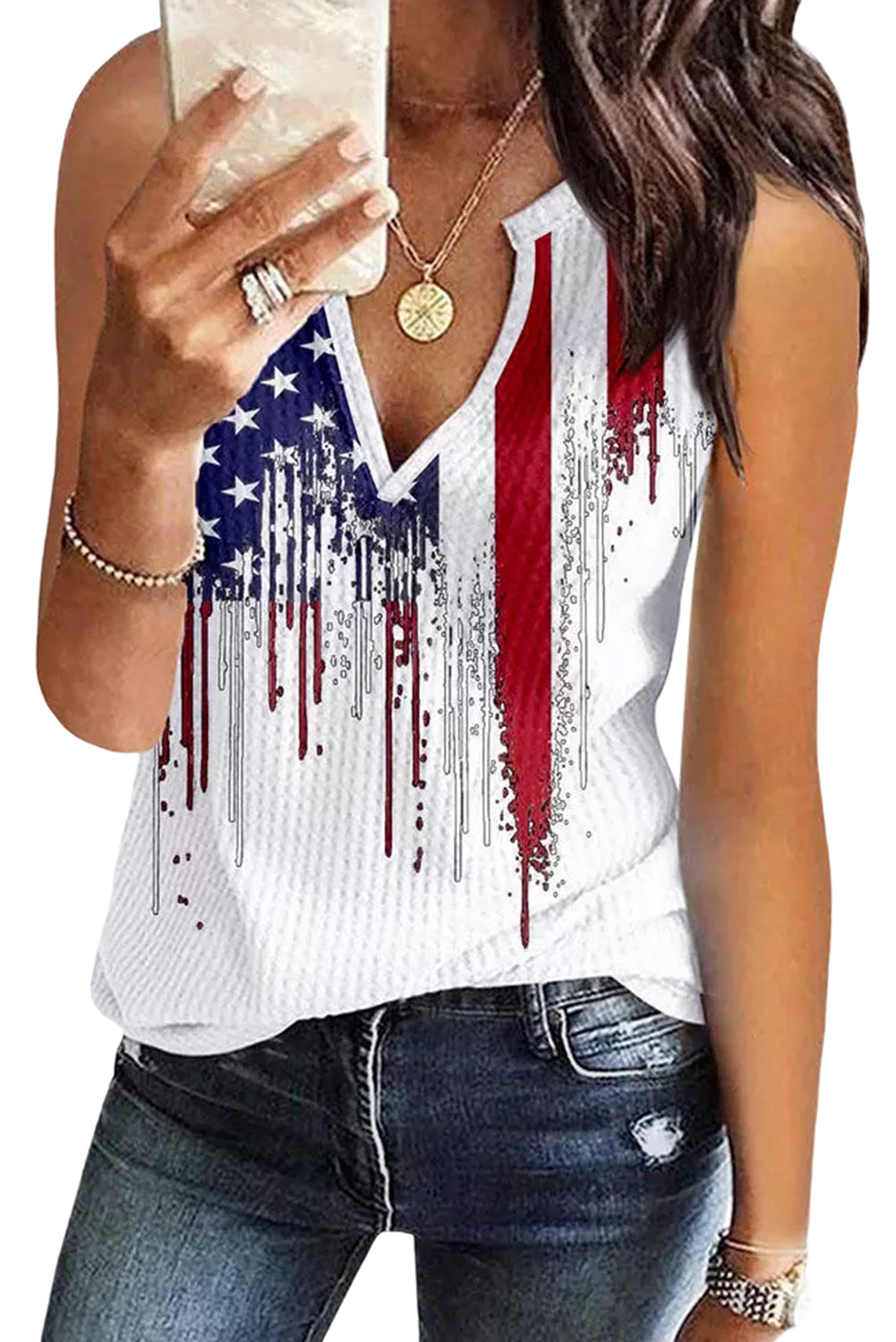 American Flag Designful Print Notch V Neck Tank Top