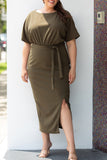 Belted High Waist Side Slit Plus Size Maxi Dress