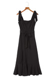 Tie Shoulder Smocked Back Side Slit Maxi Dress