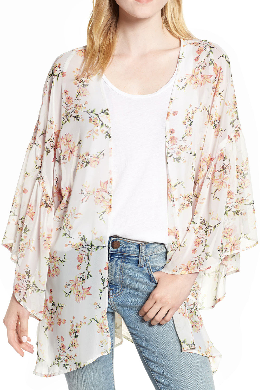 Floral Print Ruffled Long Sleeves Kimono