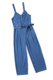 Buttoned Wide Leg Belted Chambray Strappy Jumpsuit