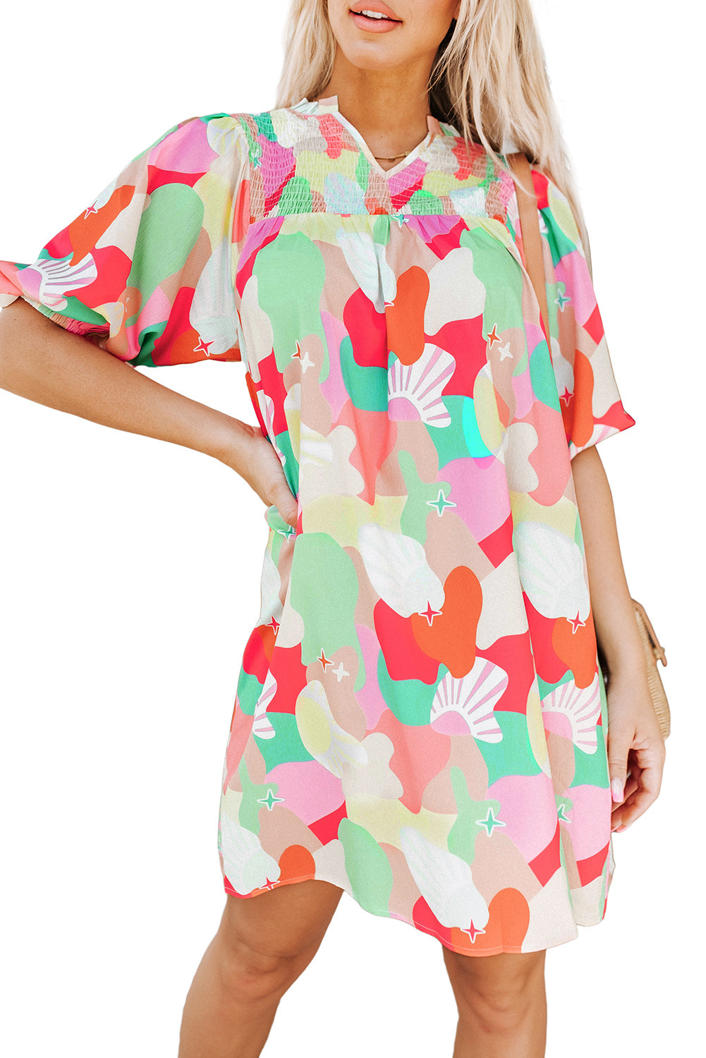 Abstract Print Notch V Neck Puff Sleeve Dress