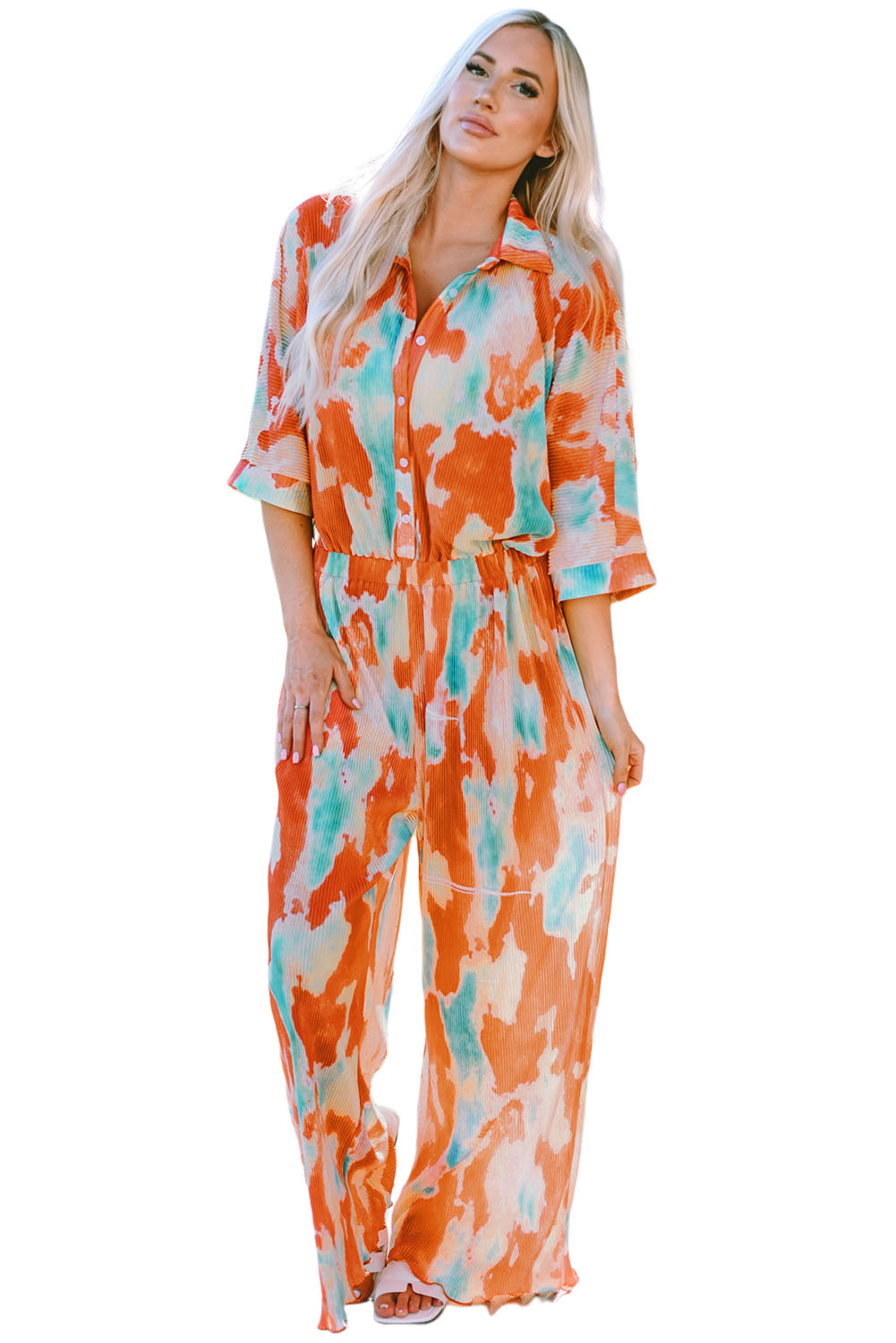 Bohemian Tie Dye Pleated Shirt Collar Loose Jumpsuit