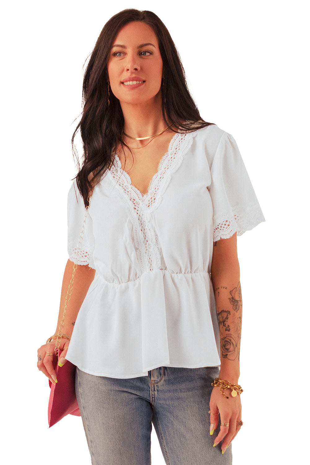 Lace Splicing V Neck Short Sleeve Blouse