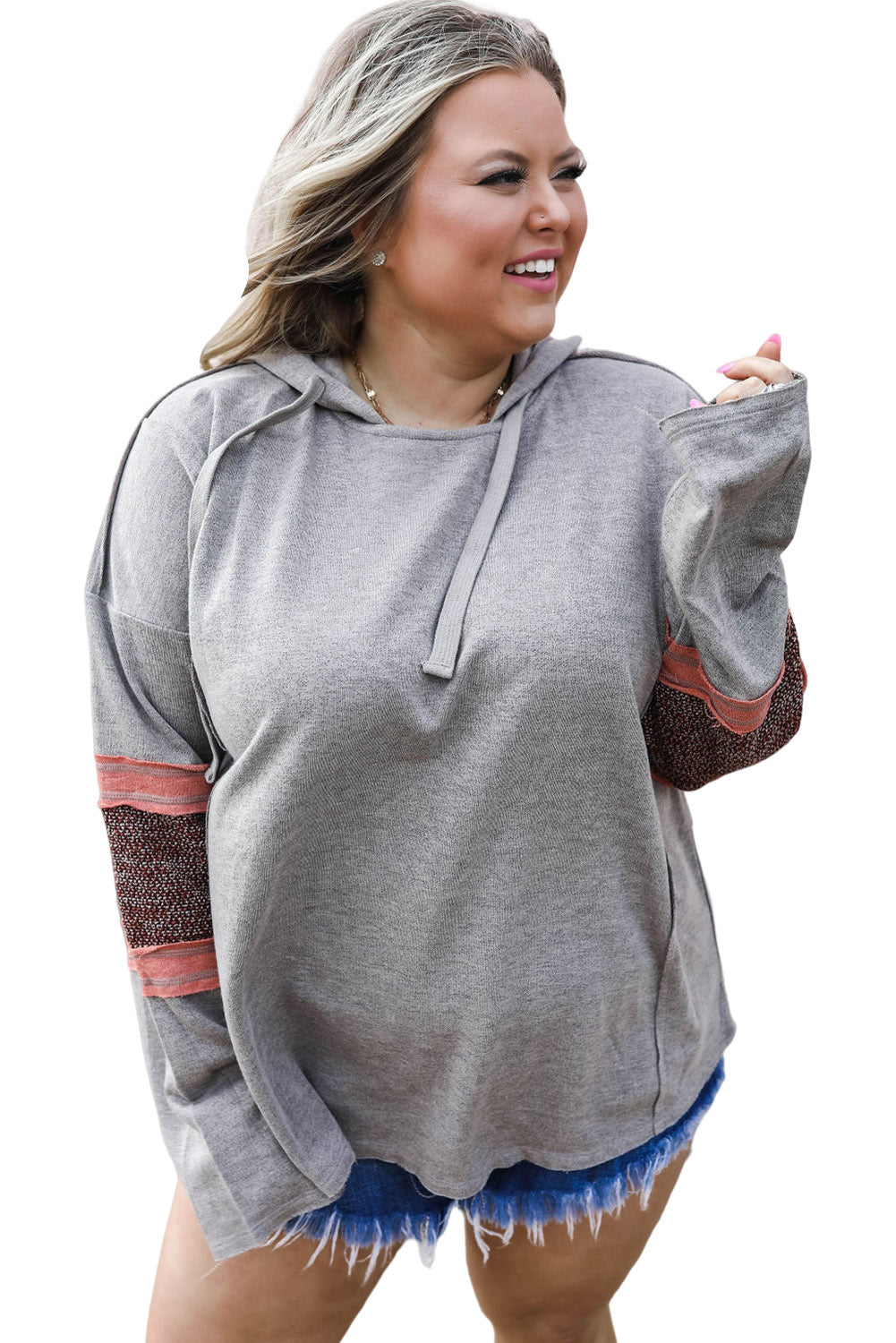 Contrast Patched Sleeve Plus Size Hoodie