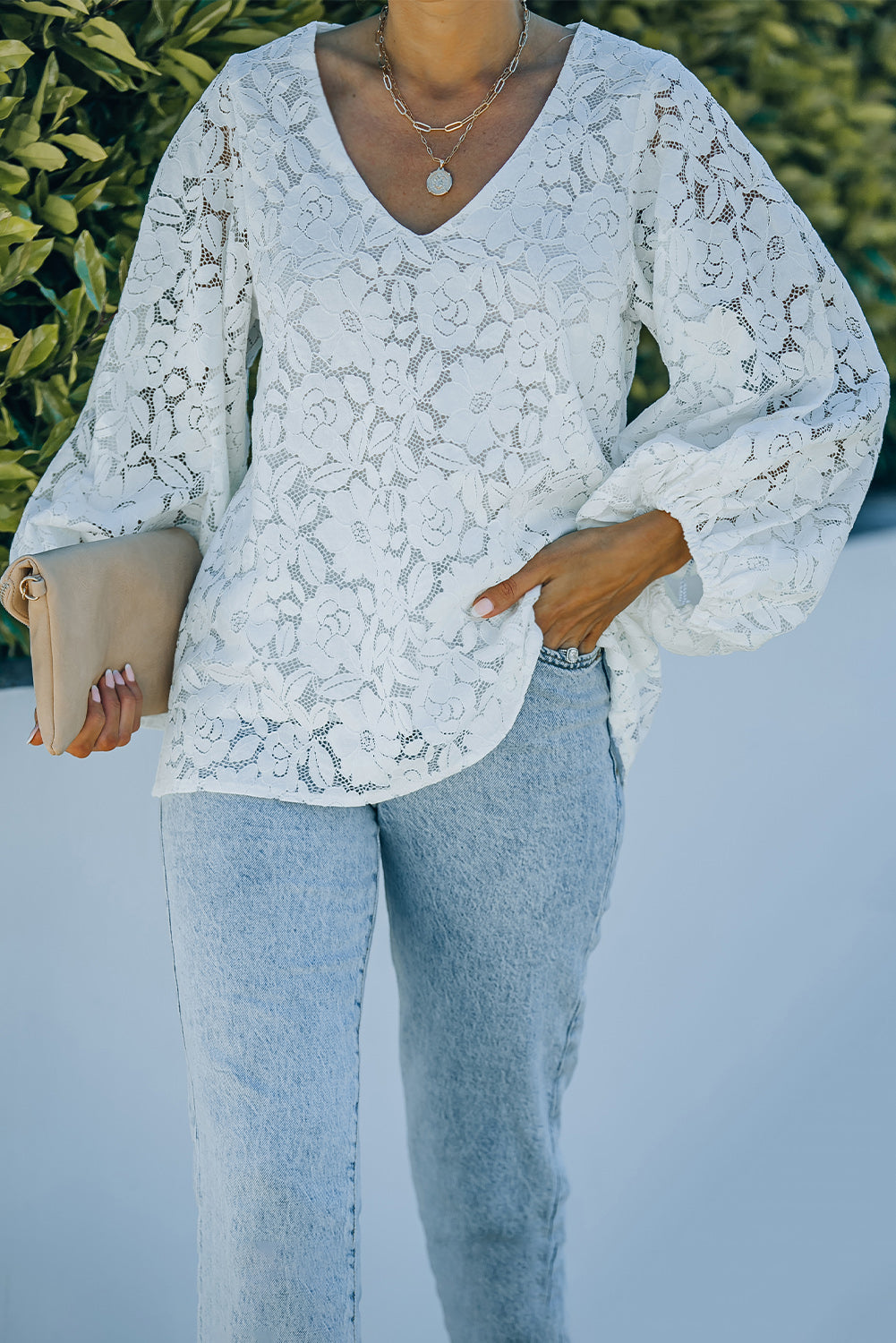 Loose Puff Sleeve Lace Blouse