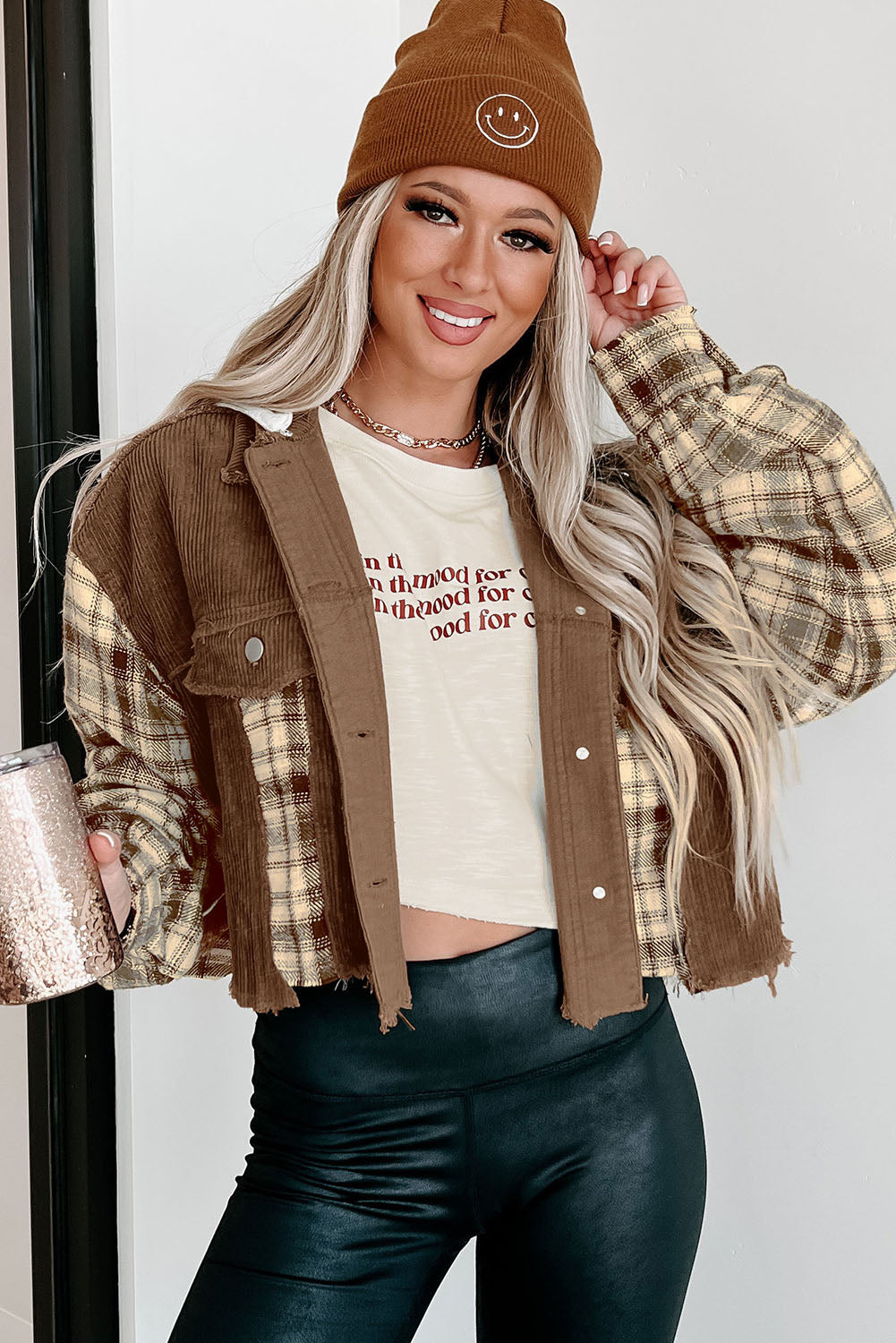 Plaid Patchwork Distressed Hooded Cropped Jacket