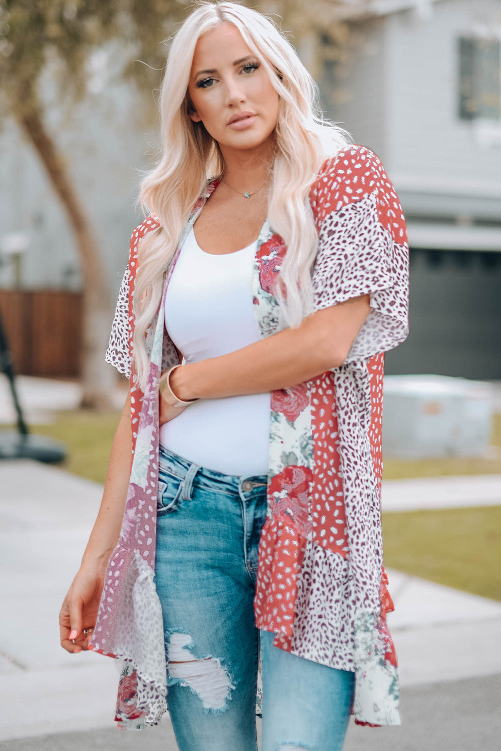 Kimono imprimé animal floral rose sauvage