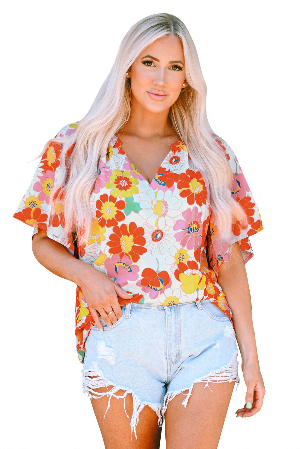 Multicolor Stand Collar Flutter Sleeves Floral Top