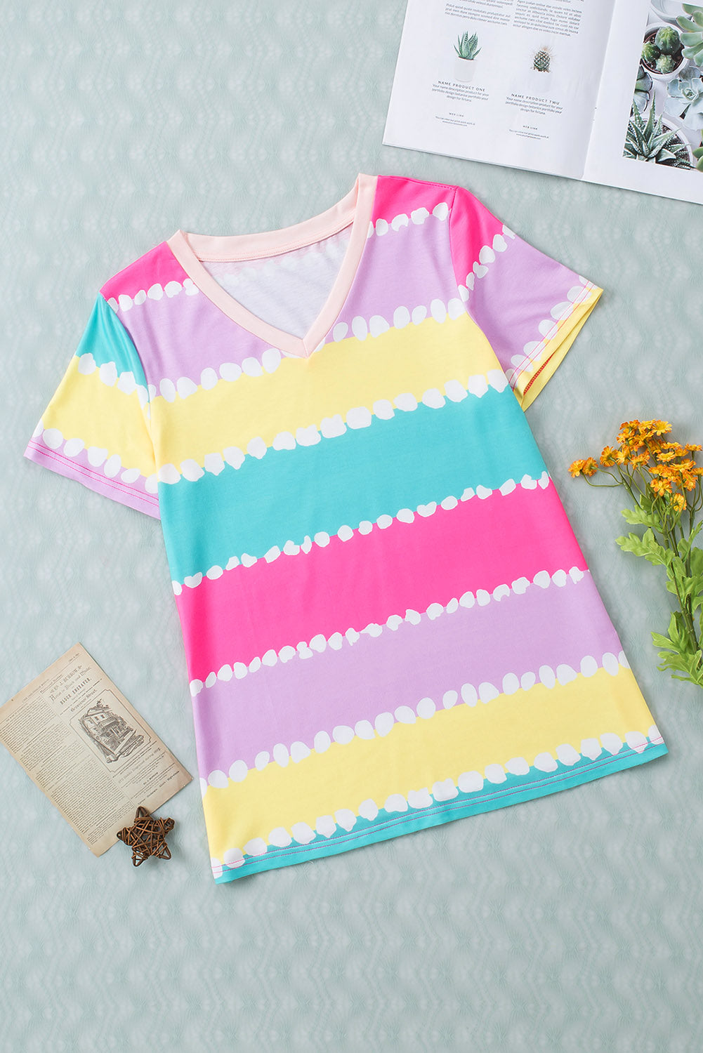 Striped Color Block V Neck T Shirt