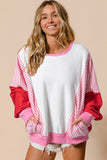 Rose Red Striped Patchwork Batwing Sleeve Pocketed Sweatshirt