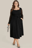 Plus Size Sheer Lace Sleeve Belted Ruffle Midi Dress